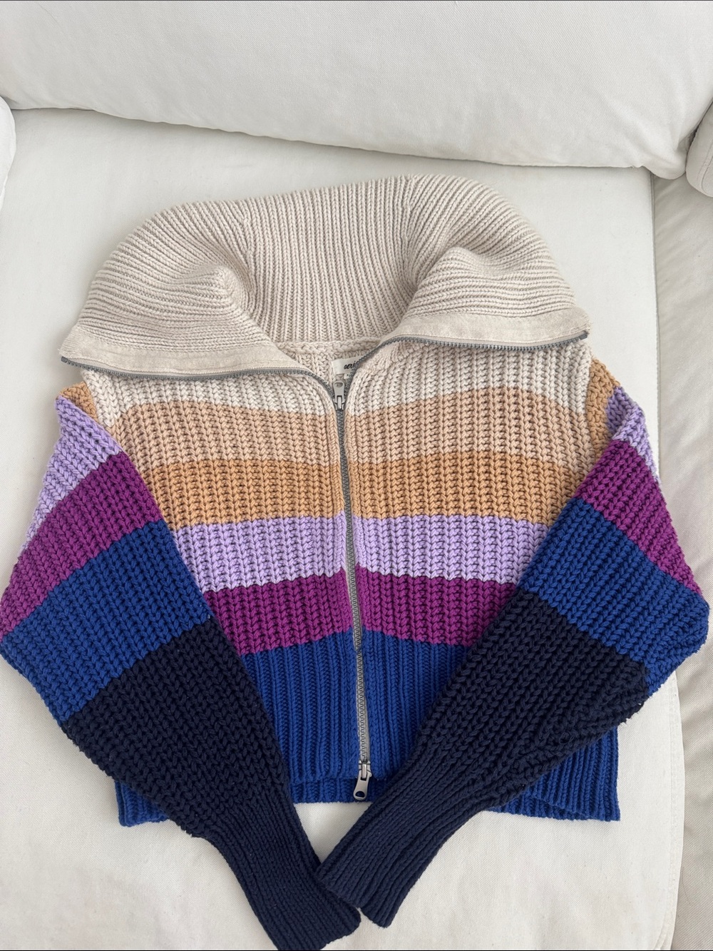 Aerie Striped Zip-Front Sweater Jacket in Cream, Tan, Purple & Blue - Picture 4 of 6